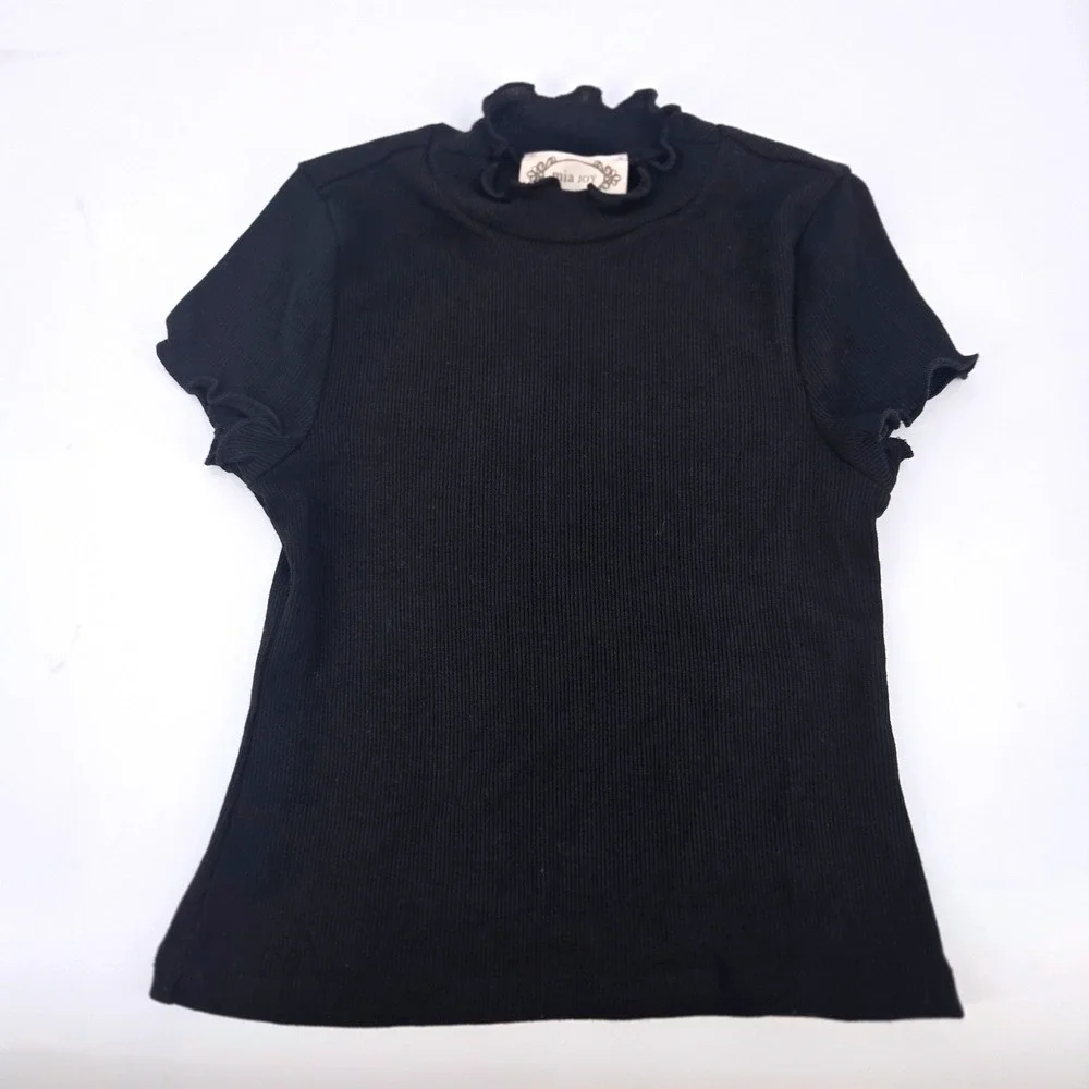 Mia Joy by Joyfolie Black Ribbed Mock Neck‎ Lettuce Edge Top Girls Size 7